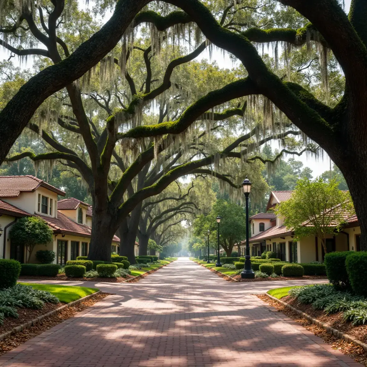 Live oak canopy over shingle and tile roofs on a brick street in Olde Winter Park, FL