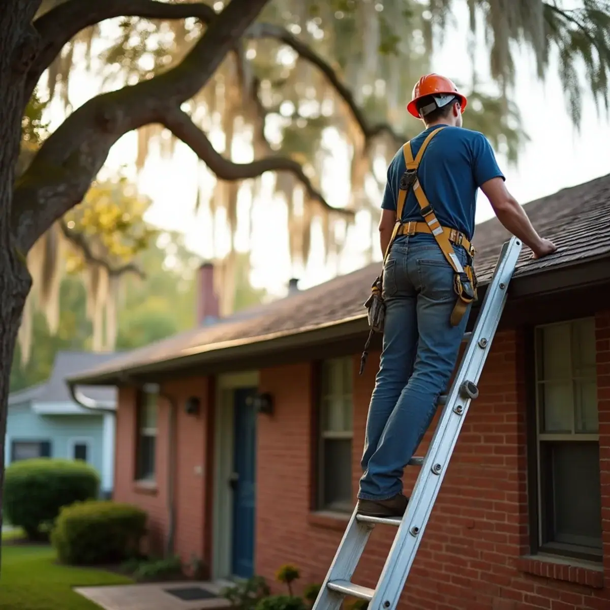 Licensed roofer climbing a ladder to a shingle roof under live oaks at a brick home in Winter Park, FL
